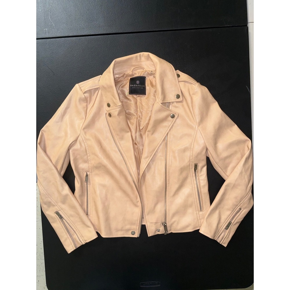 Bagatelle Collection Womens Faux Leather Moto Biker Jacket Peach Beige M Edgy